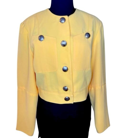 Vtg 90s Bold Shoulder Yellow Cropped Blazer Womens Small Office Statement - Picture 2 of 7